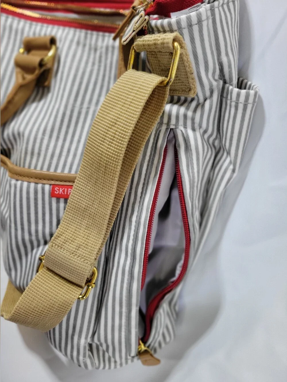 SKIP HOP  Cream & Tan Striped DIAPER BAG with Red Zip Accents